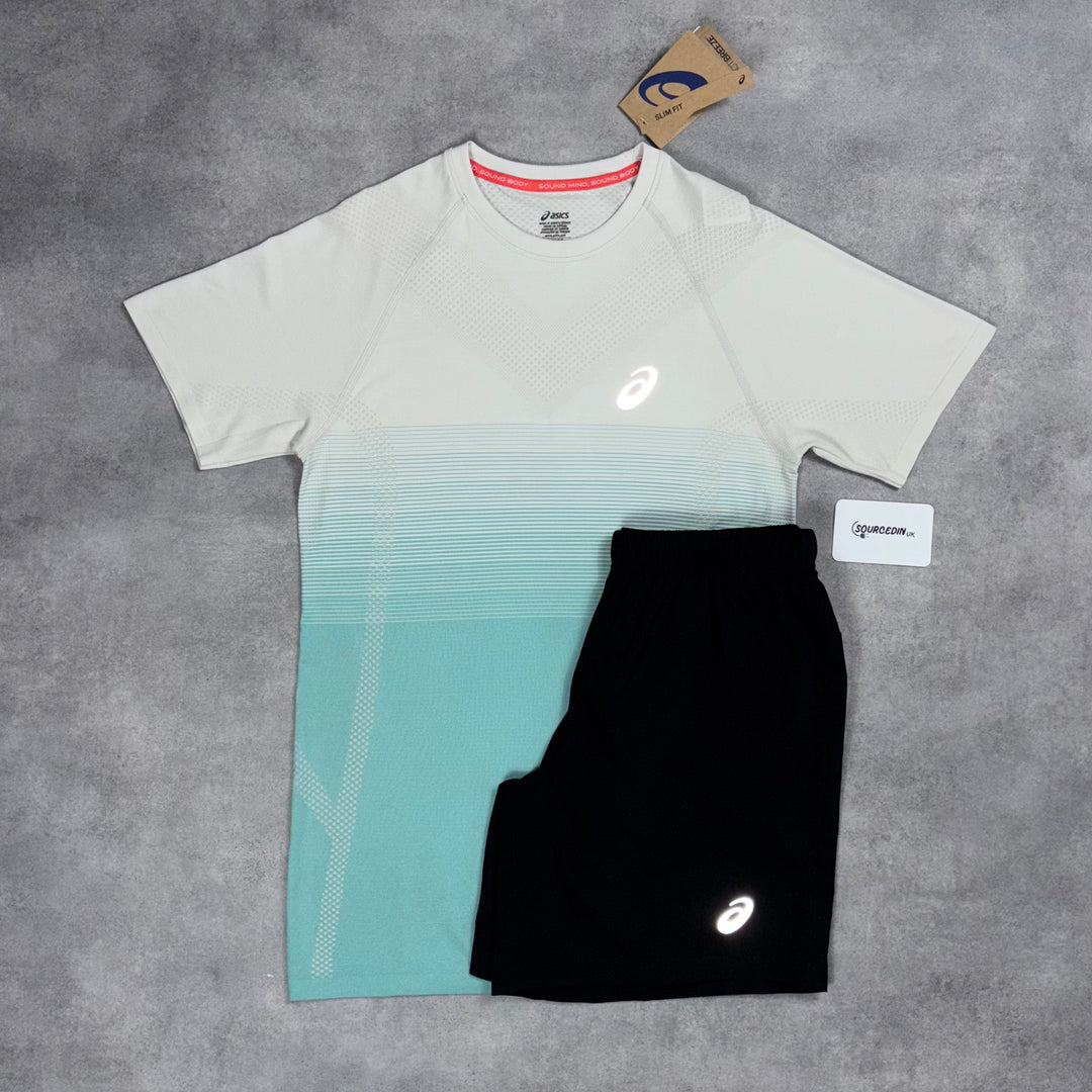 Asics Seamless T-Shirt Turquoise & Black 7” Sport Run Shorts Set