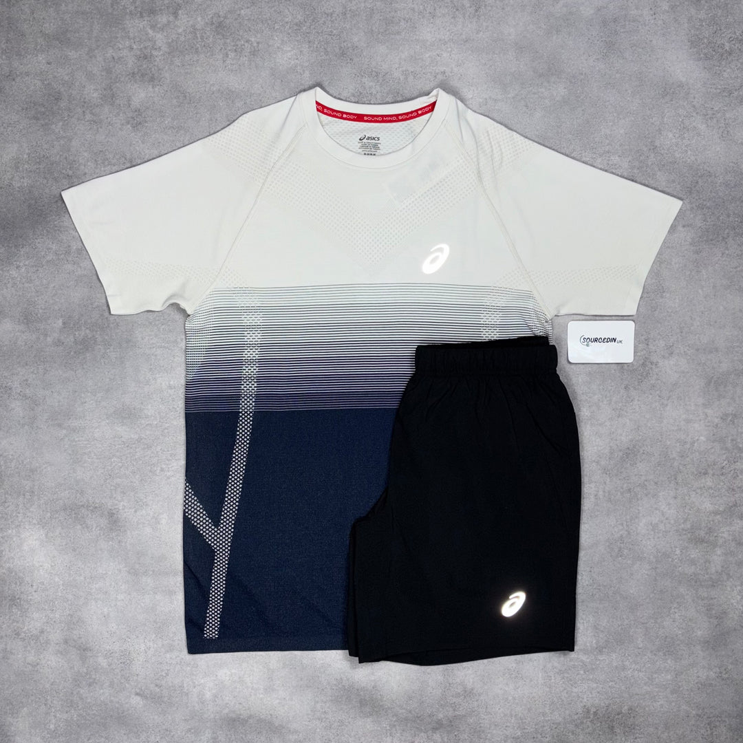 Asics Seamless T-Shirt Navy/White & Black 7” Sport Run Shorts Set