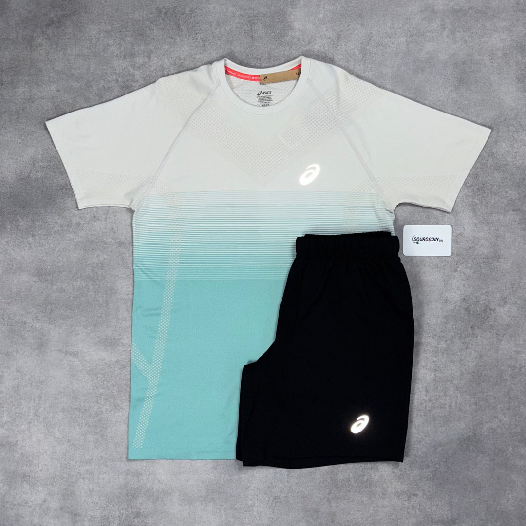 Asics Seamless T-Shirt Turquoise & Black 7” Sport Run Shorts Set