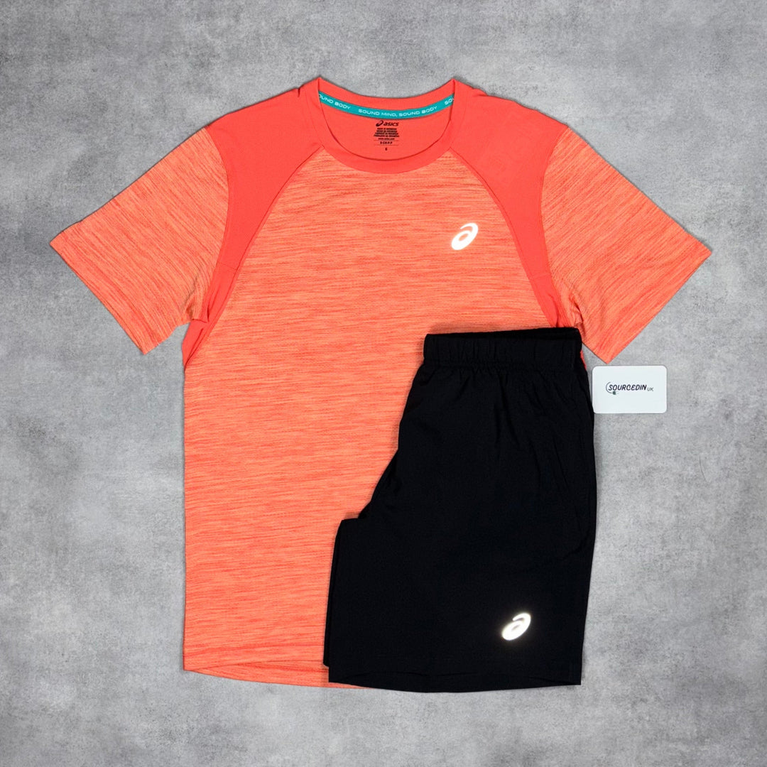 Asics Road T-Shirt Coral & Black 7” Sport Run Shorts Set
