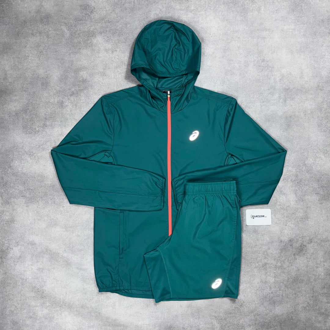 Asics Core Windrunner Jacket & 7” Silver Challenger Short Set Rainy Lake