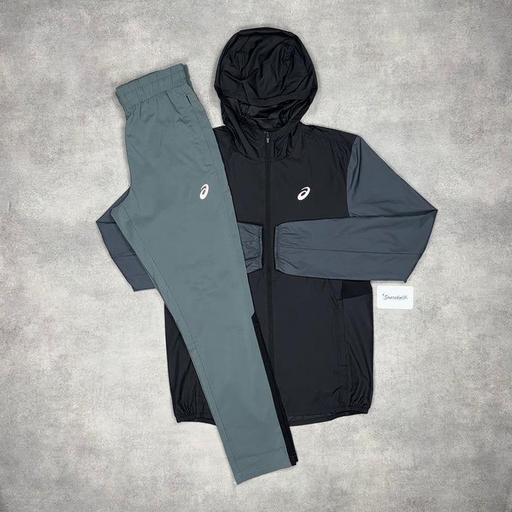 Asics Block Windrunner Jacket Black/Grey & Black/Grey Silver Pants Set