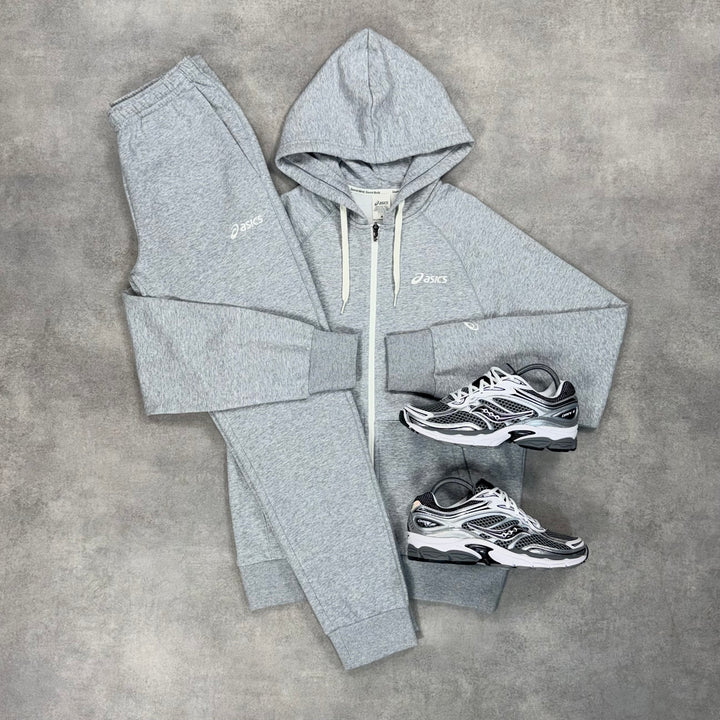 Asics Logo Fleece Zip Tracksuit Saucony Progrid Omni 9 Set Grey / Grey Silver