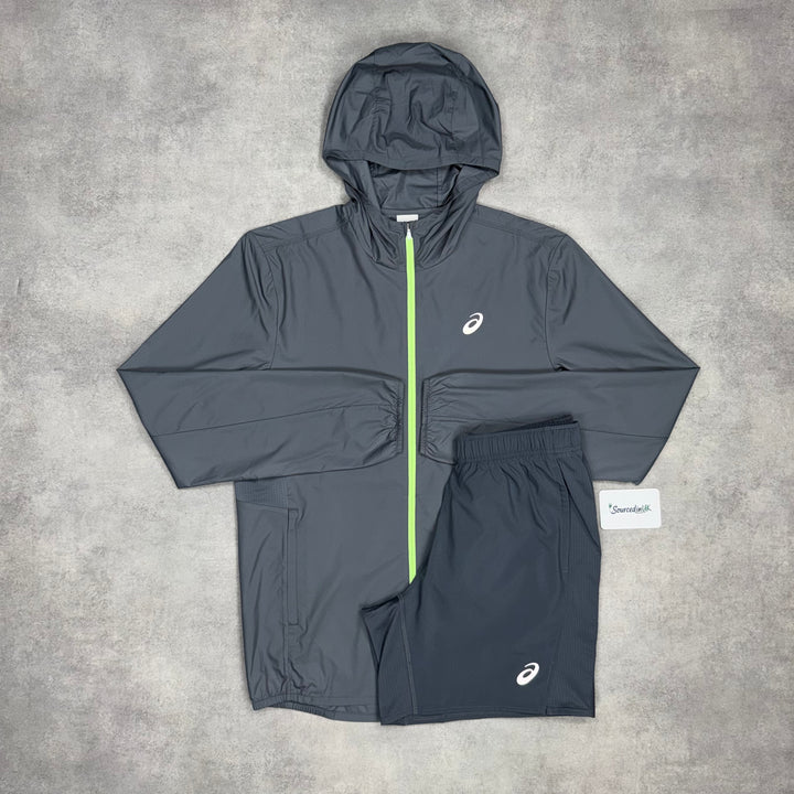 Asics Core Windrunner Jacket Grey/Green & Grey 7” Challenger Short Set