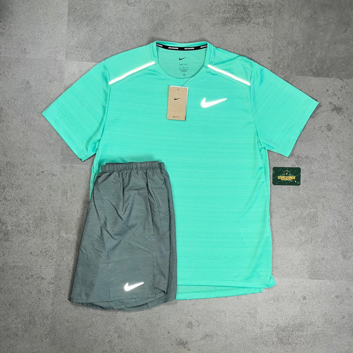 Nike Miler 1.0 T-Shirt Mint & Nike Challenger Short Black/Grey Set