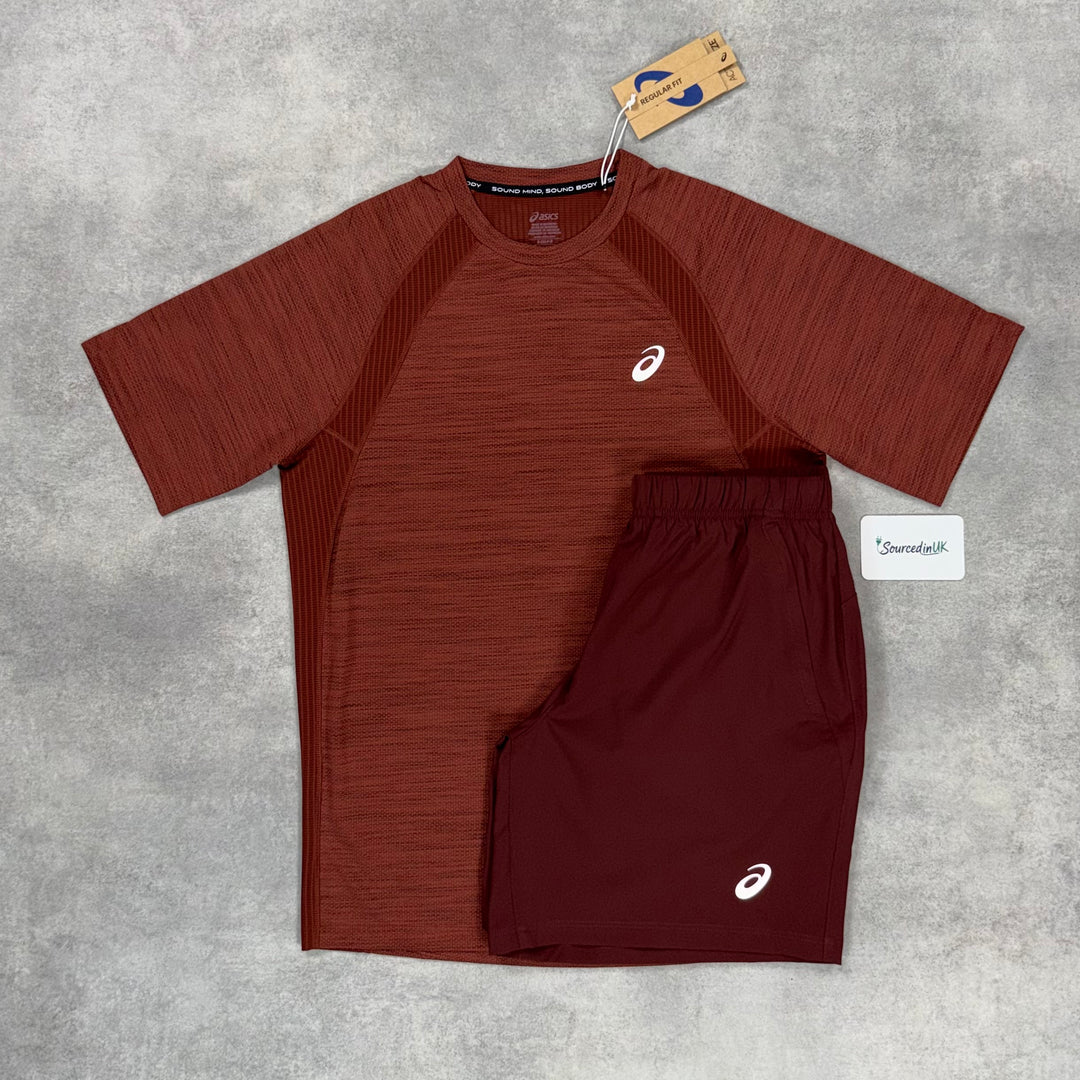 Asics Road T-Shirt Burgundy & Burgundy Core Shorts Set