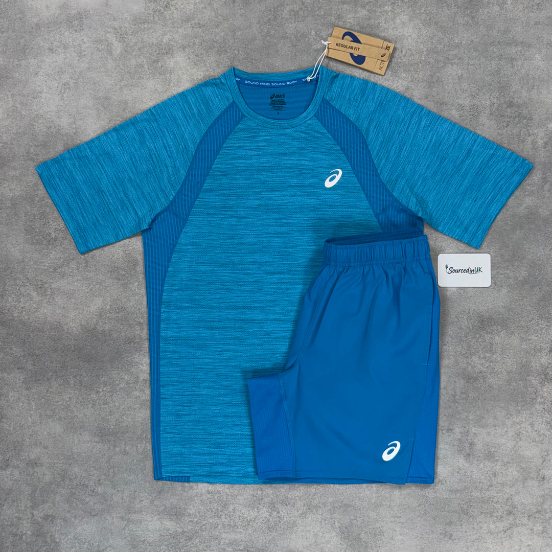 Asics Road T-Shirt Aegan Blue & Aegan Core Shorts Set