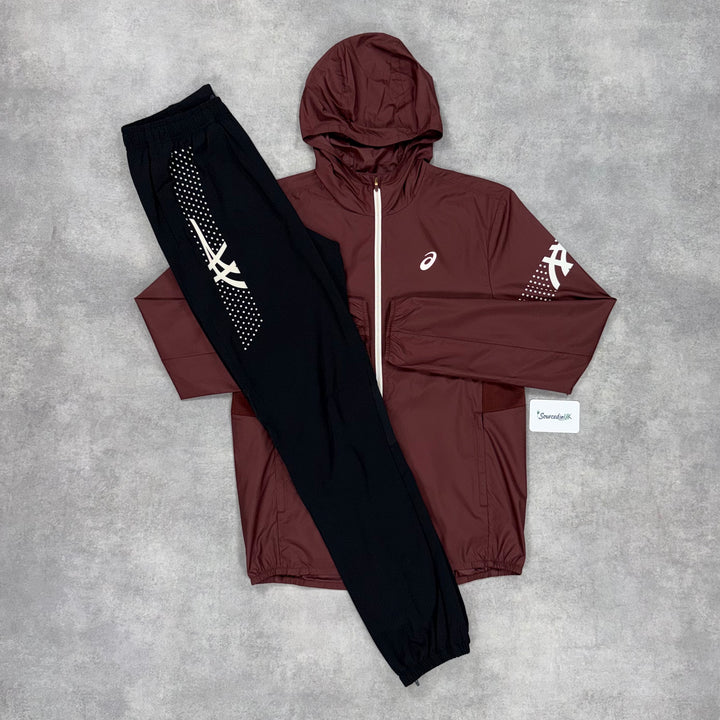 Asics Icon Windrunner Burgundy & Black Icon Bottoms Set