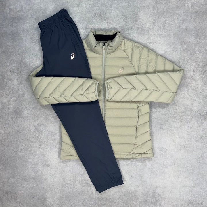 Asics Core Puffer Jacket Cream & Grey Core Bottoms Set
