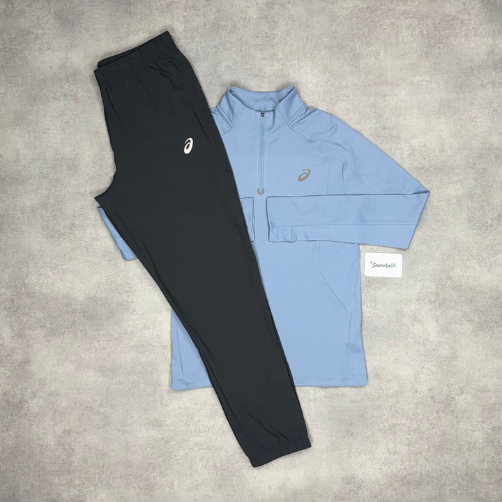 Asics Therma 1/4 Zip Ash Blue & Asics Core Bottoms Black/Grey