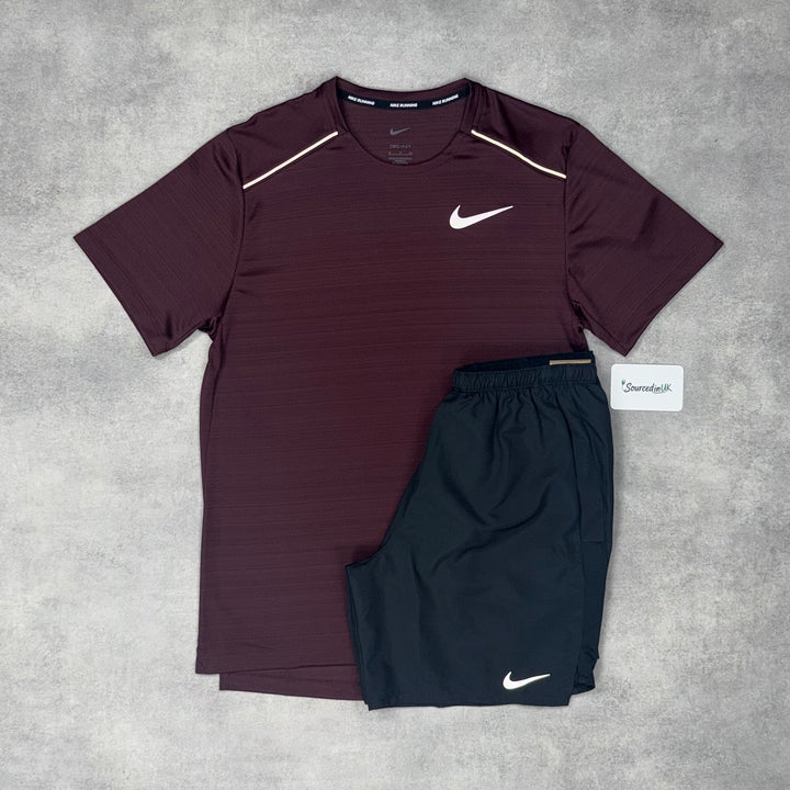 Nike Miler T-Shirt Burgundy Crush & Grey/Black 7" Challenger Short Set