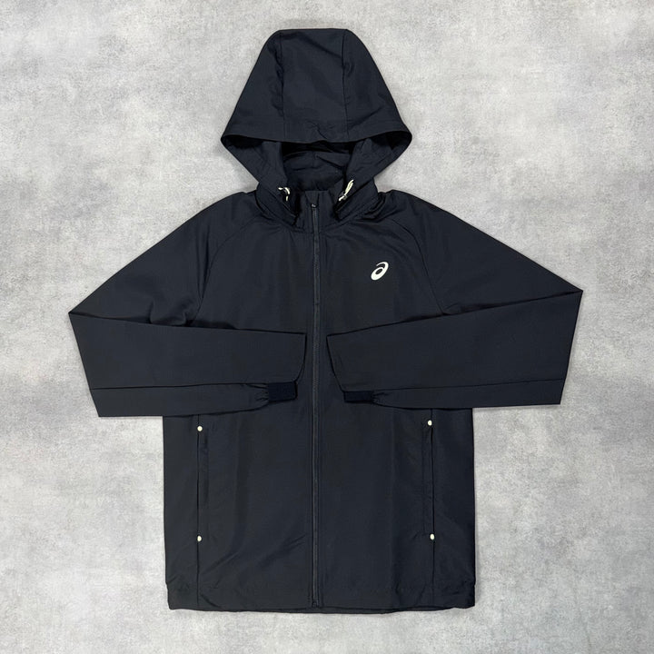 Asics Back Vent Windrunner Jacket Black & Black Core Bottoms Set