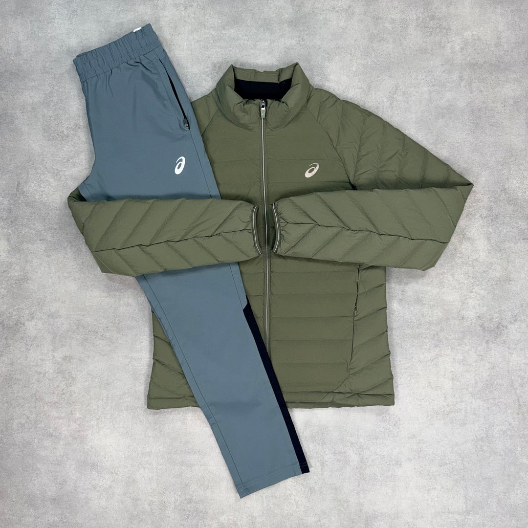 Asics Core Puffer Jacket Khaki & Grey Silver Pants Set