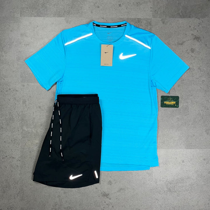 Nike Miler 1.0 T-Shirt Baltic Blue & Grey/Black Flex Stride Short Set