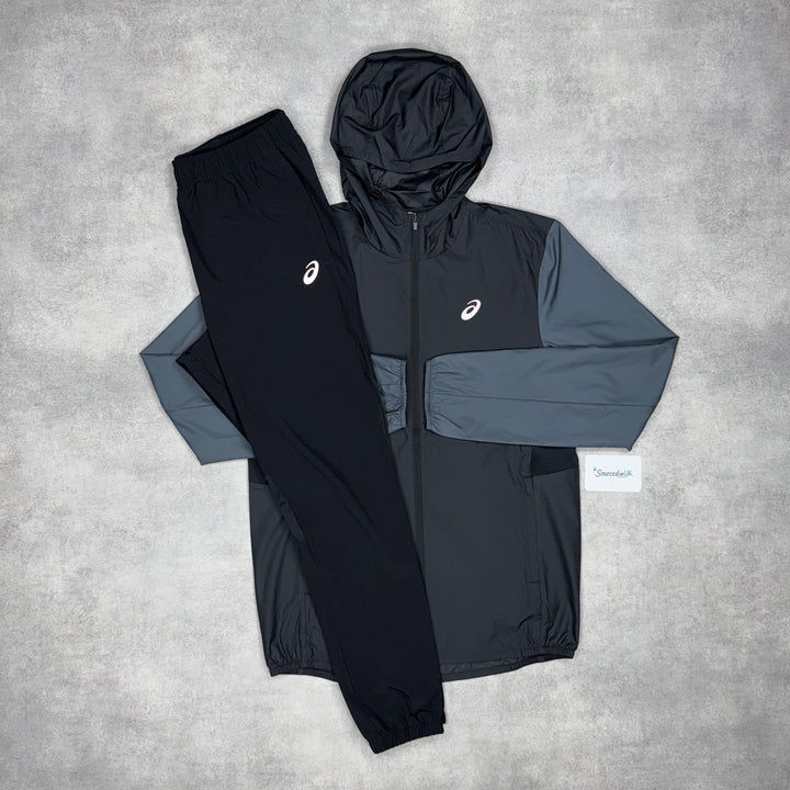 Asics Block Windrunner Jacket Black/Grey & Black Core Bottoms Set