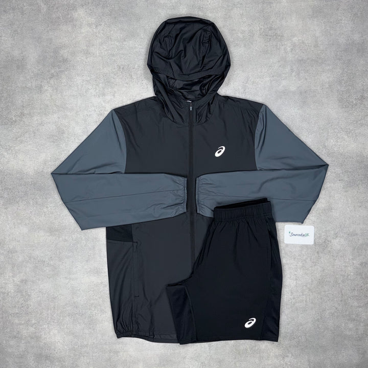 Asics Block Windrunner Jacket Black/Grey & Black 7” Challenger Short Set