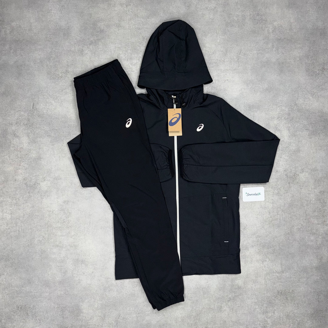 Asics Woven Windrunner Jacket Black & Black Core Bottoms Set