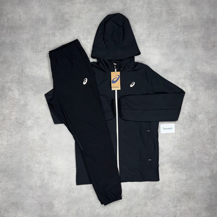 Asics Woven Windrunner Jacket Black & Black Core Bottoms Set