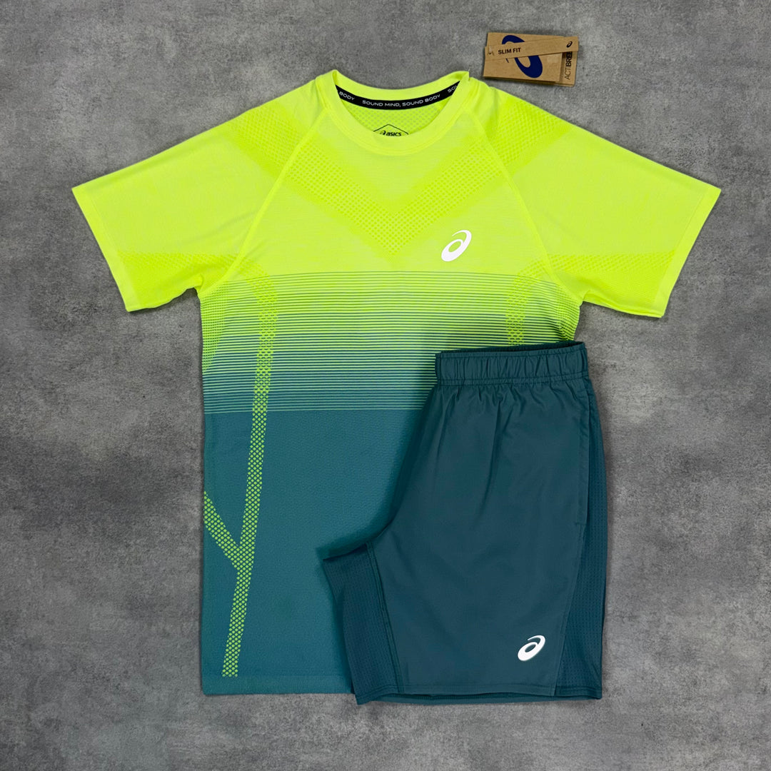 Asics Seamless T-Shirt & 7” Challenger Shorts Set Yellow/Teal