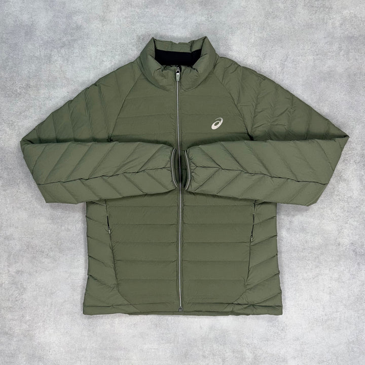 Asics Core Puffer Jacket Khaki & Grey Silver Pants Set