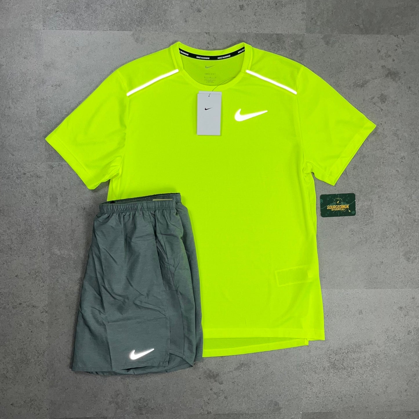 Nike Miler 1.0 T-Shirt Volt Green & Nike Challenger Short Black/Grey Set