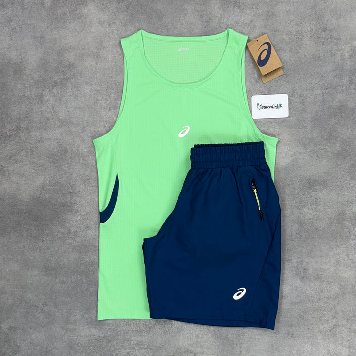 Asics Curve Vest Vapour Green & Twilight Blue 7” Back Pocket Shorts Set