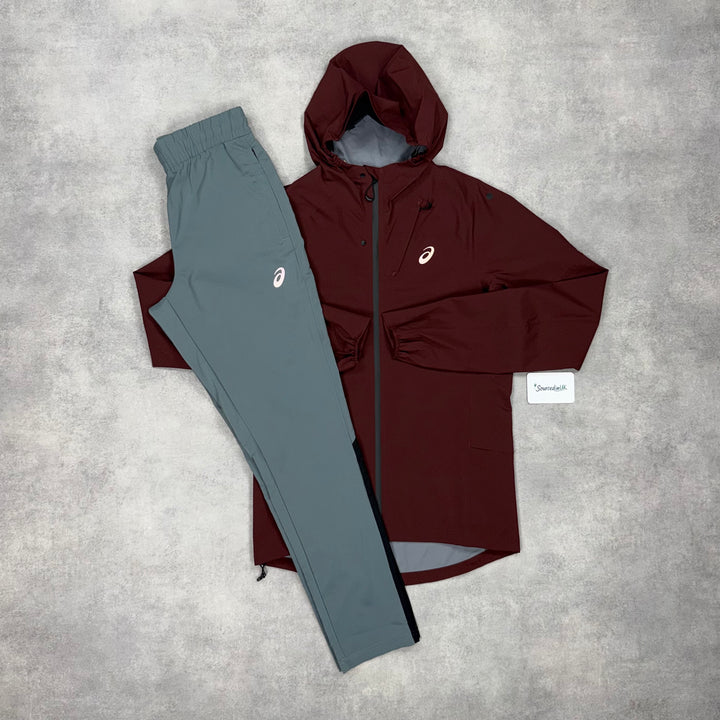 Asics Metarun Shell Jacket Burgundy & Grey/Black Silver Pants Set