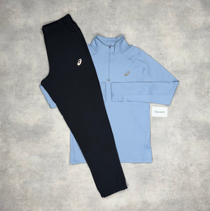 Asics Therma 1/4 Zip Ash Blue & Asics Core Bottoms Black/Grey