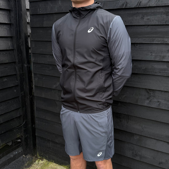Asics Block Windrunner Jacket Black/Grey & Grey 7” Challenger Short Set