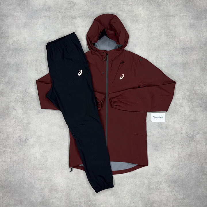 Asics Metarun Shell Jacket Burgundy & Black Core Bottoms Set