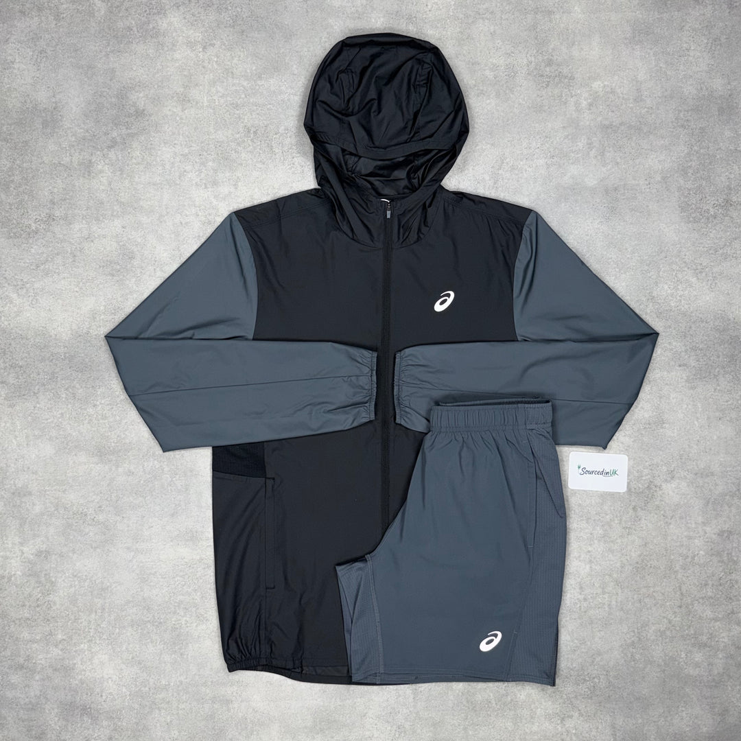 Asics Block Windrunner Jacket Black/Grey & Grey 7” Challenger Short Set