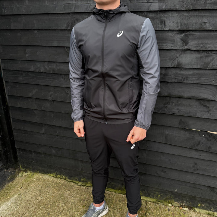 Asics Block Windrunner Jacket Black/Grey & Black Core Bottoms Set