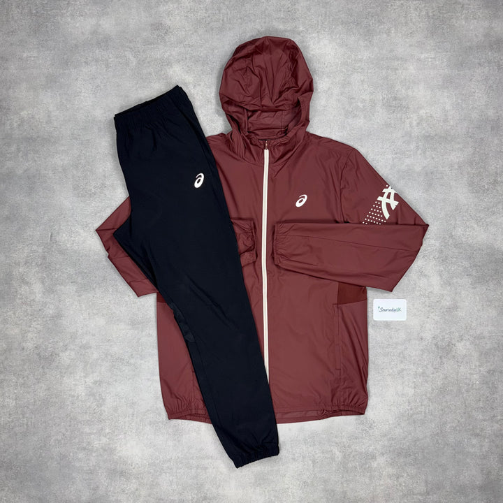 Asics Icon Windrunner Burgandy & Black Core Bottoms Set