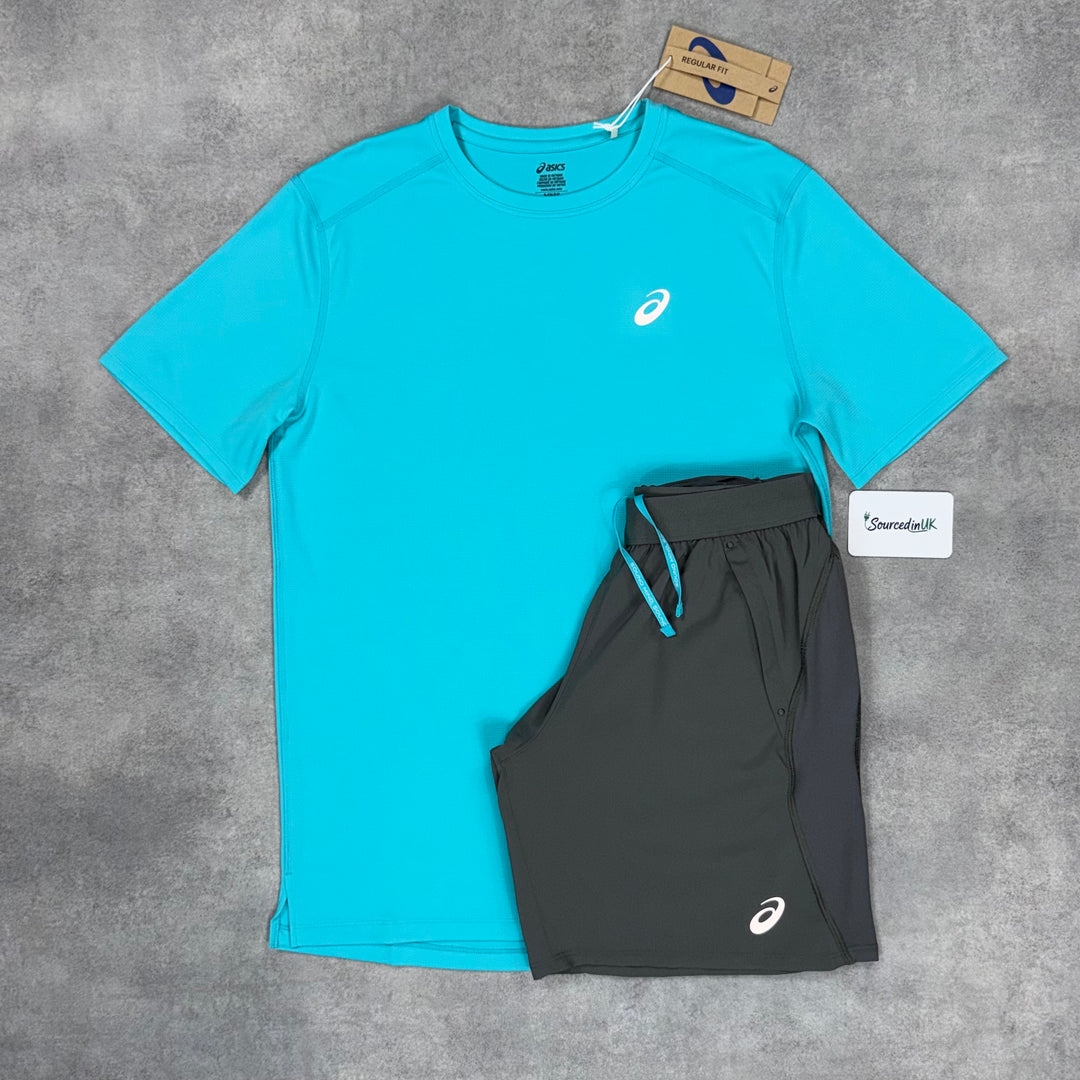 Asics Core T-Shirt Energy Aqua & Grey 7” Road Shorts Set