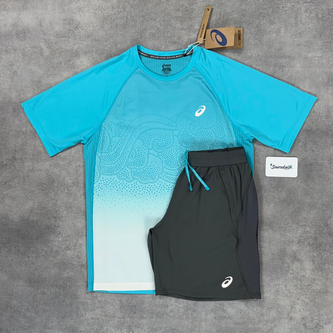 Asics Road Fade T-Shirt Energy Aqua & Energy Aqua 7” Road Shorts Set
