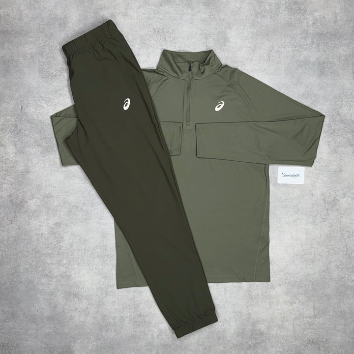 Asics Pacer 1/4 Zip Khaki & Asics Sport Run Pants Brown