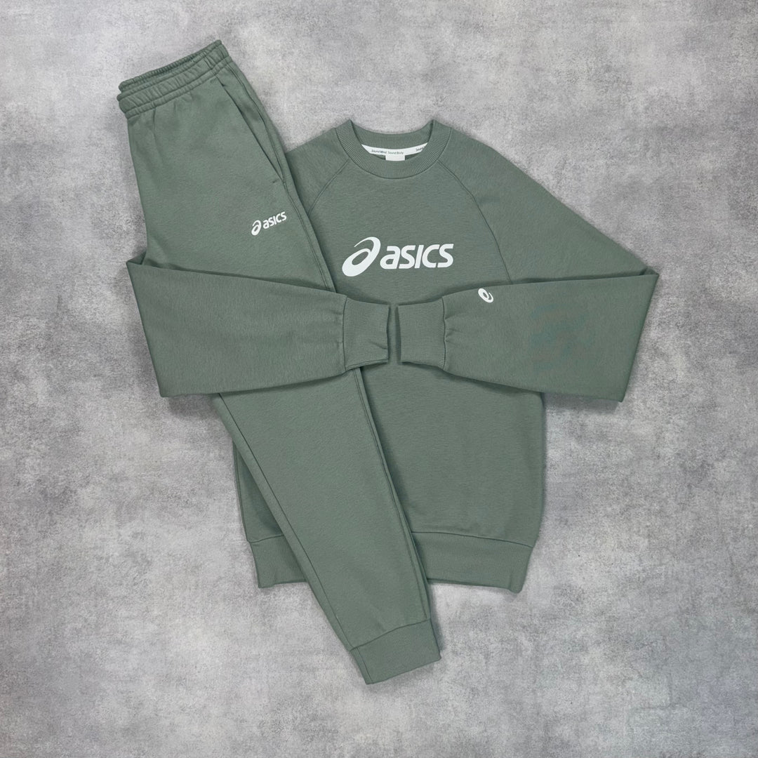 Asics Logo Club Fleece Crewneck Tracksuit Linchen Green
