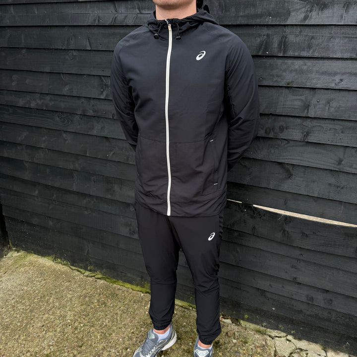 Asics Woven Windrunner Jacket Black & Black Core Bottoms Set