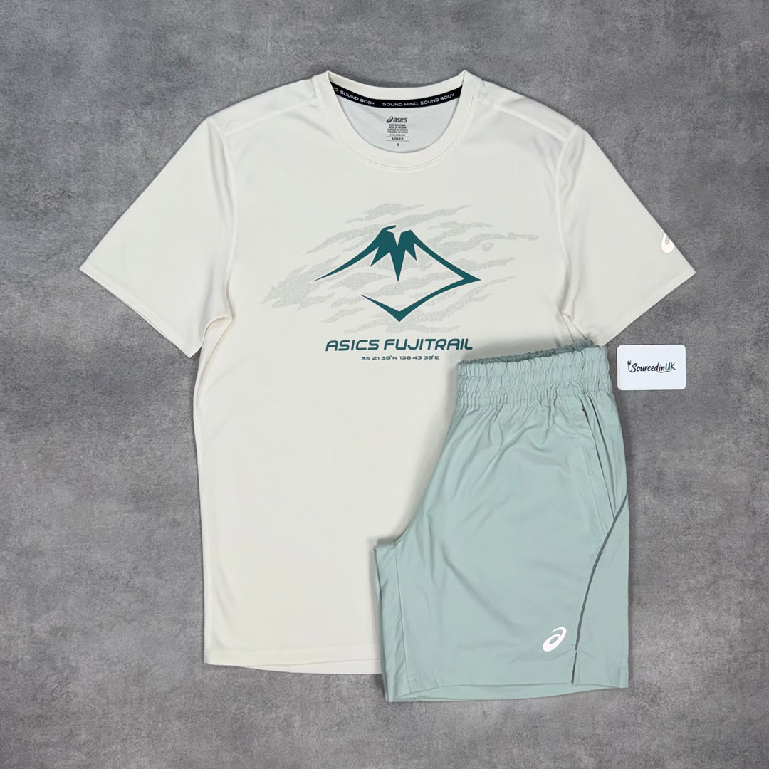 Asics Fujitrail T-Shirt Rainy Lake & Cold Moss 7” Curve Shorts Set