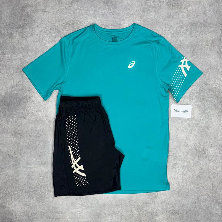 Asics Icon T-Shirt Wavy Teal & Black Icon  7” Shorts Set