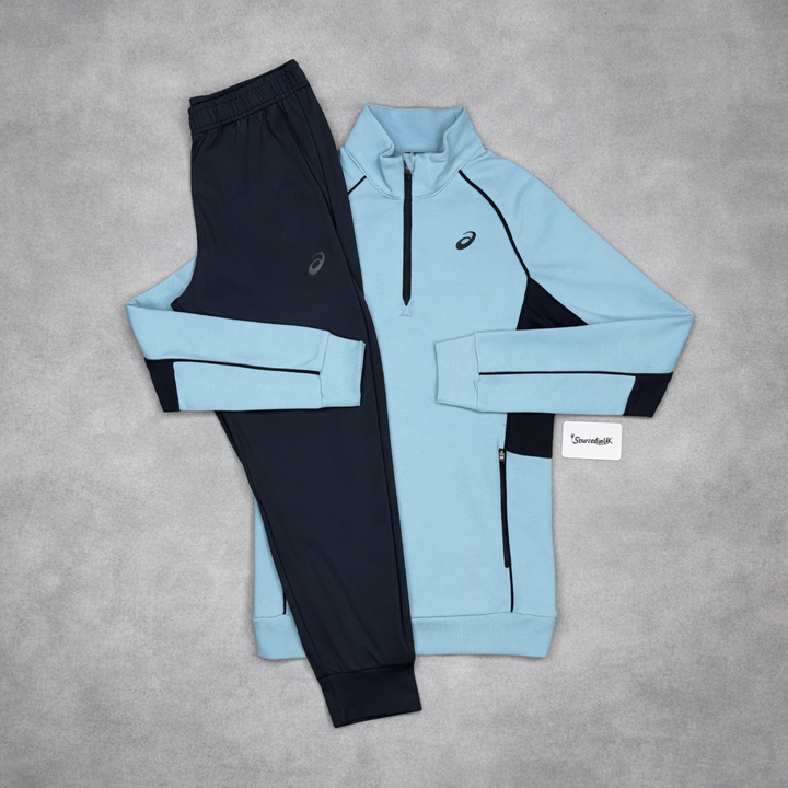 Asics Block Knit 1/4 Zip Turquoise& Asics Woven Knit Pants Black