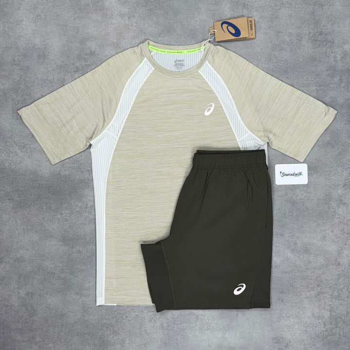 Asics Road T-Shirt Cream & Brown 7” Core Challenger Shorts Set