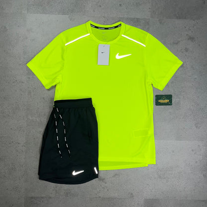 Nike Miler 1.0 T-Shirt Neon Green & Grey/Black Flex Stride Short Set