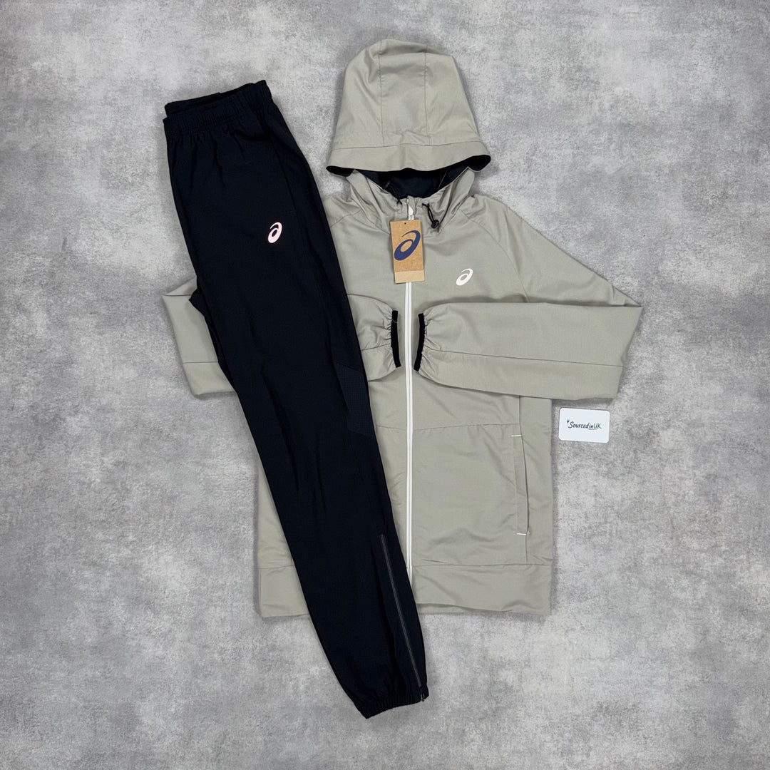 Asics Knit Woven Jacket Birch & Black Core Bottoms Set