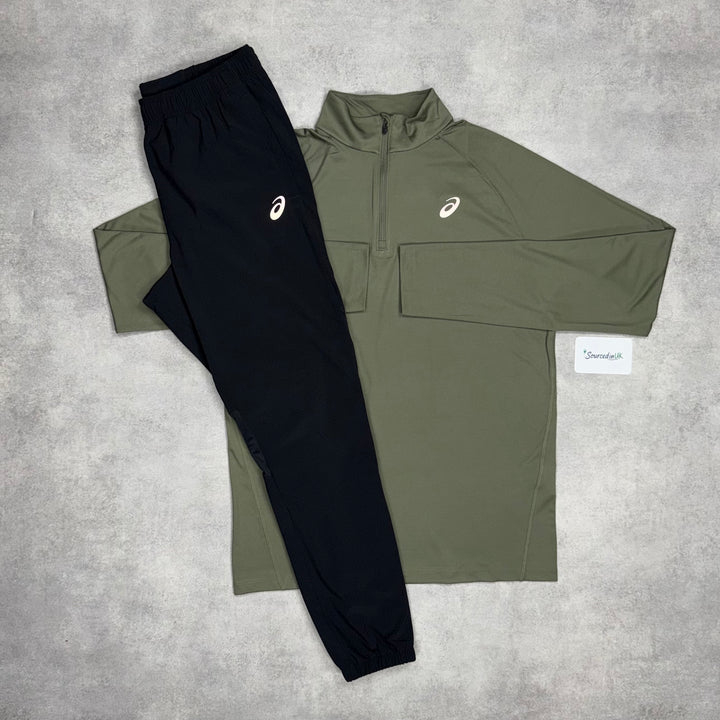 Asics Pacer 1/4 Zip Khaki & Asics Core Bottoms Black
