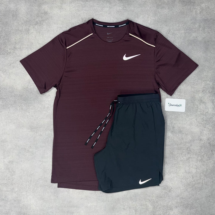 Nike Miler T-Shirt Burgundy Crush & Grey/Black 7" Flex Short Set