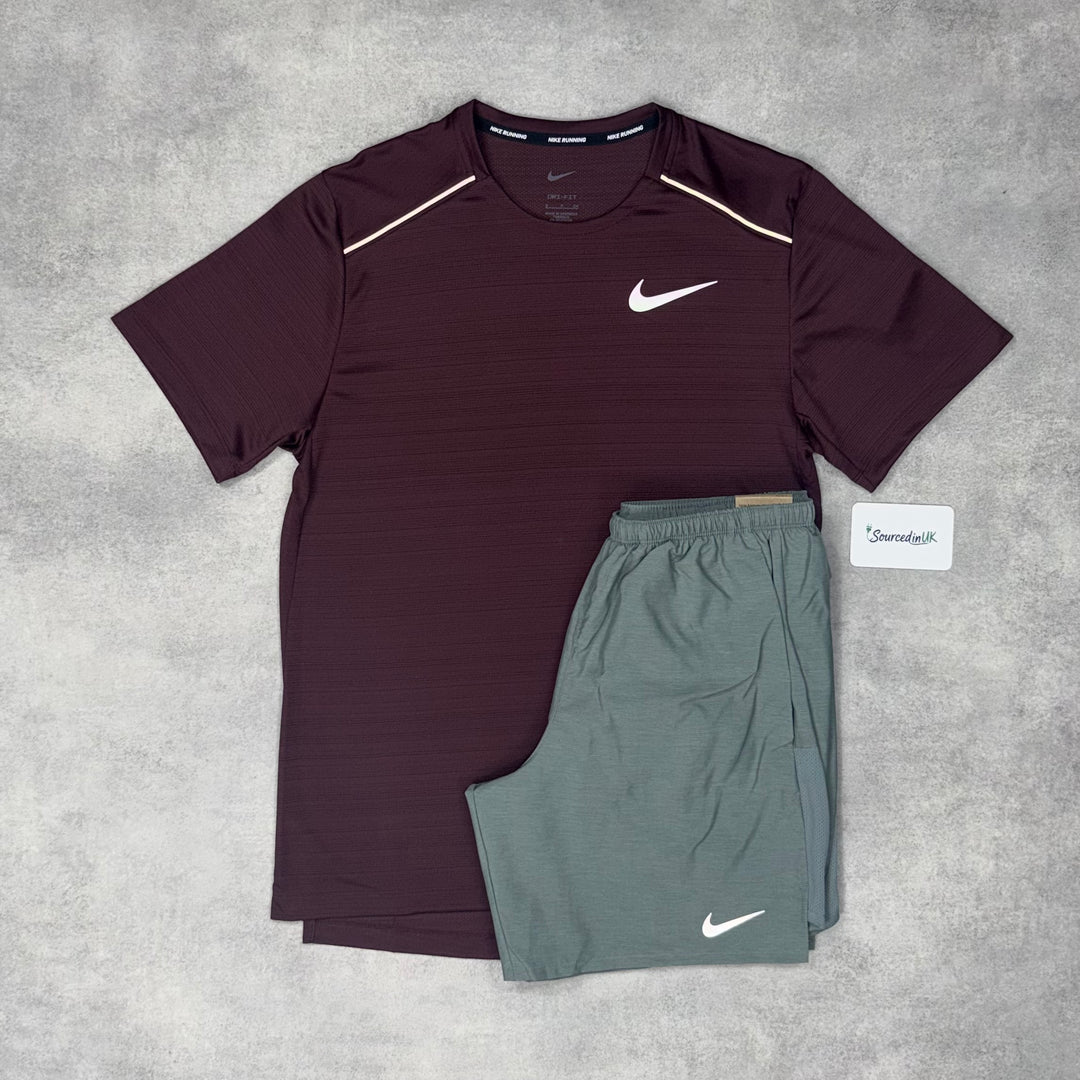 Nike Miler T-Shirt Burgundy Crush & Grey/Black 7" Challenger Short Set