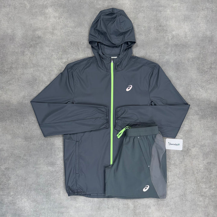 Asics Core Windrunner Jacket Grey/Green & Grey 7” Road Short Set
