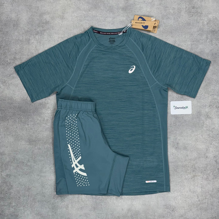 Asics Road Seamless T-Shirt Foggy Teal & Foggy Teal 7” Icon Shorts Set