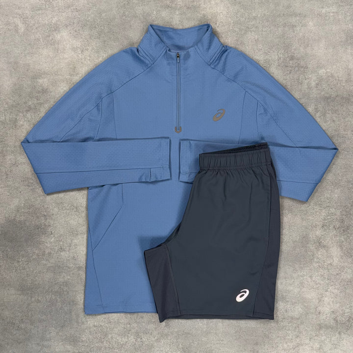 Asics Therma 1/4 Ash Blue & Grey/Black 7" Core Shorts Set